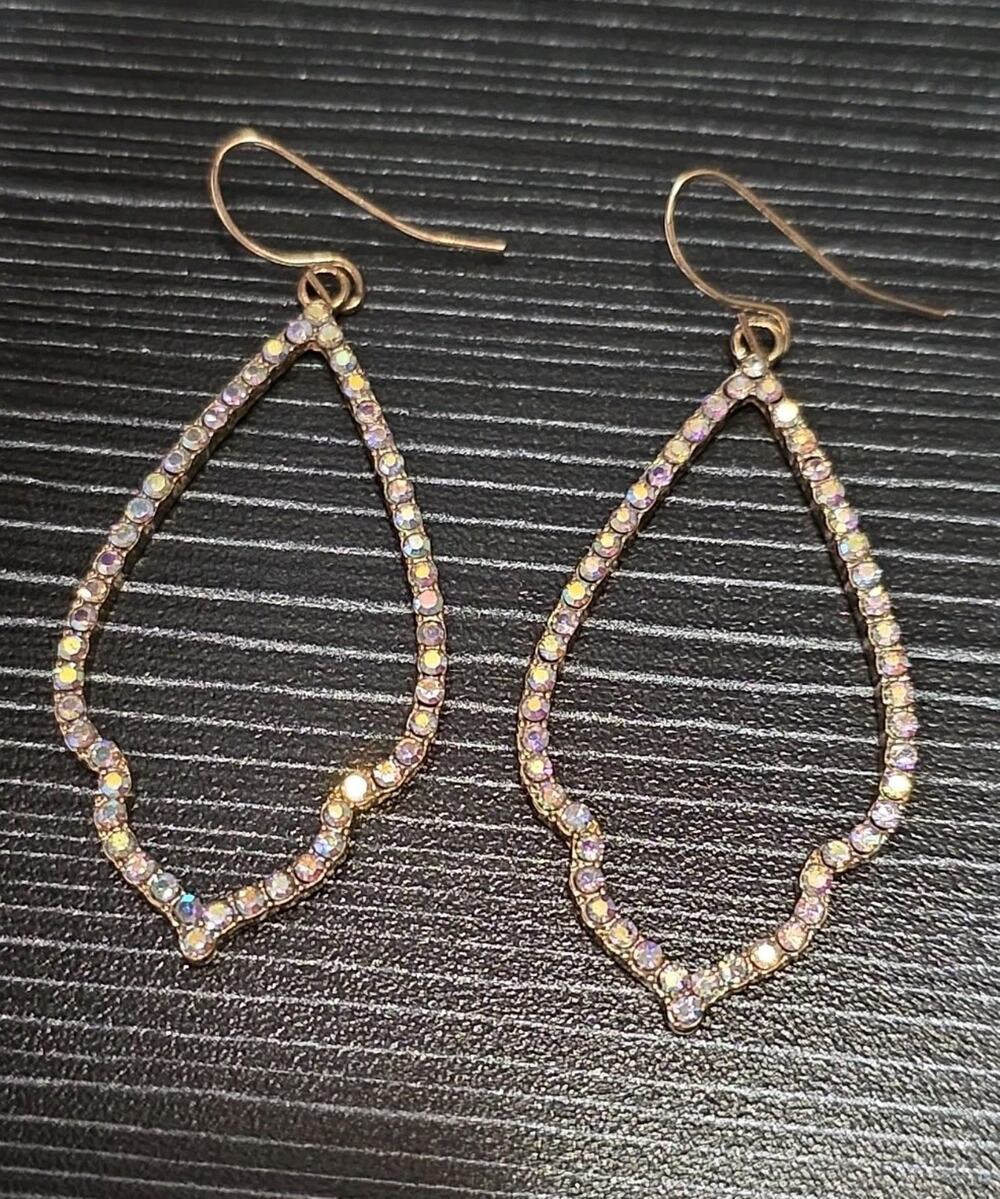 Ornate Long Dangle Earrings Open Frame Aurora Borealis Crystals Pierced